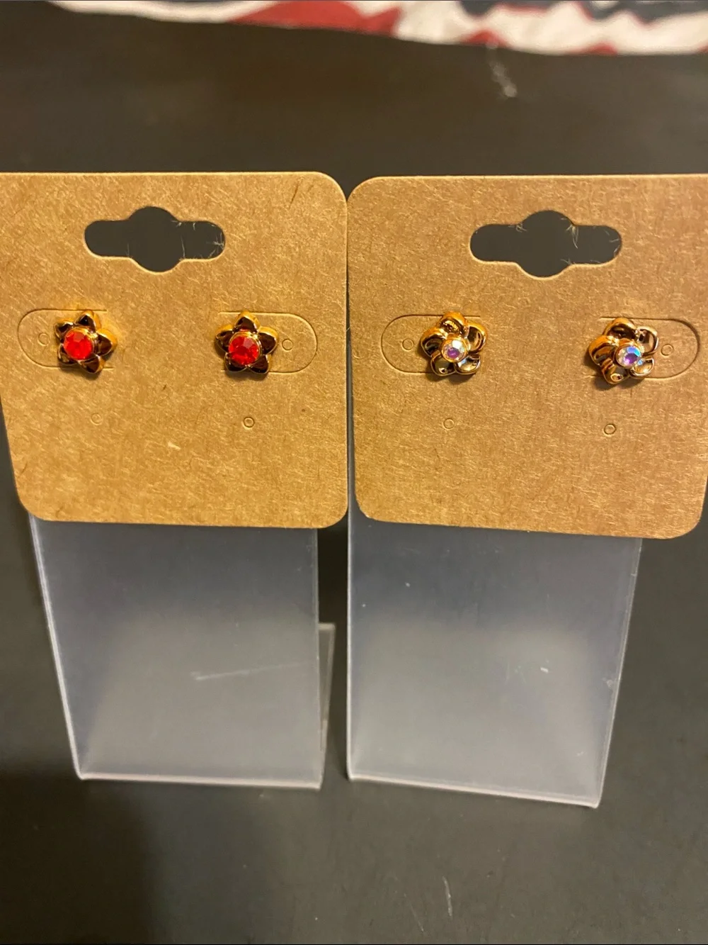 Gold Flower Stud Earrings with Red and Iridescent Stones